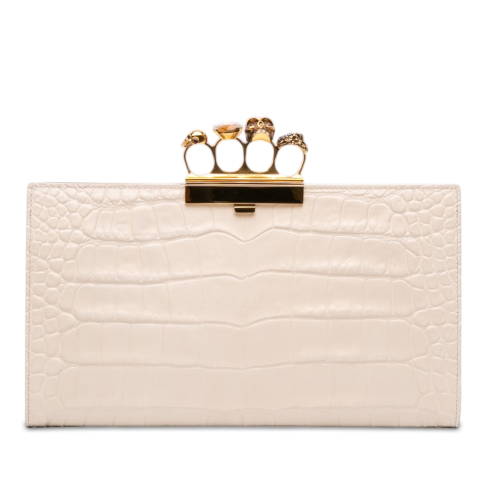 Pre-Loved Alexander McQueen Croc Embossed Calfskin Skull Knuckle Clasp Clutch
